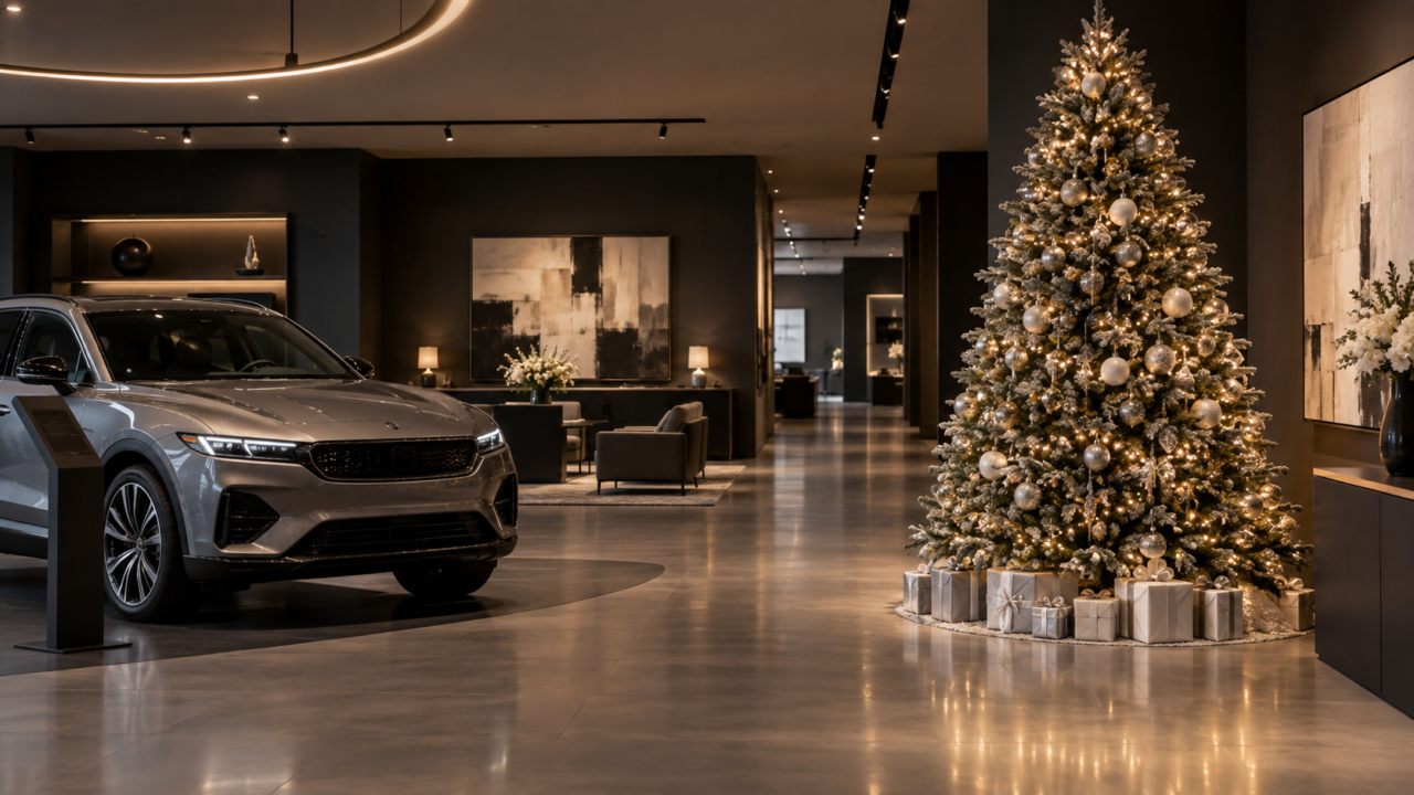 Grand sapin de Noël décoré dans une concession automobile à Genève