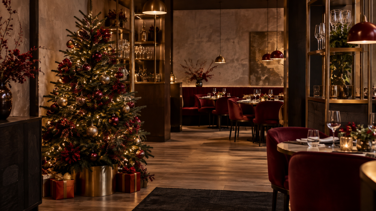 Sapin de Noël décoré à l’entrée d’un restaurant à Genève