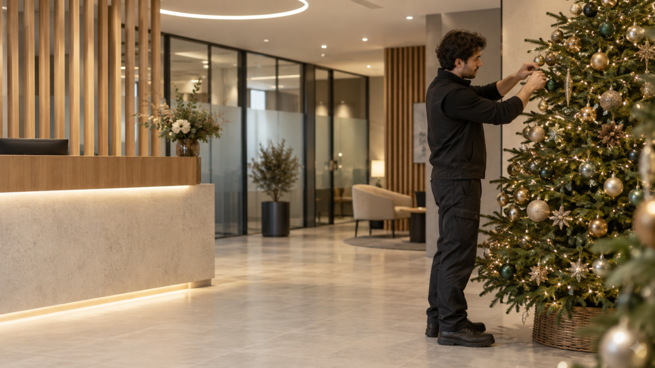 Professionnel installant la décoration d’un sapin de Noël dans un bureau à Genève