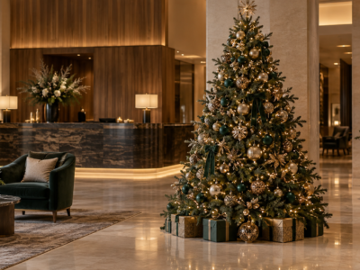 Sapin de Noël professionnel décoré dans le hall d’un hôtel à Genève