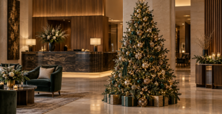 Sapin de Noël professionnel décoré dans le hall d’un hôtel à Genève
