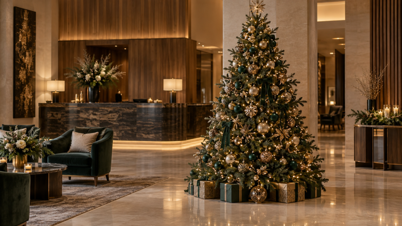 Sapin de Noël professionnel décoré dans le hall d’un hôtel à Genève
