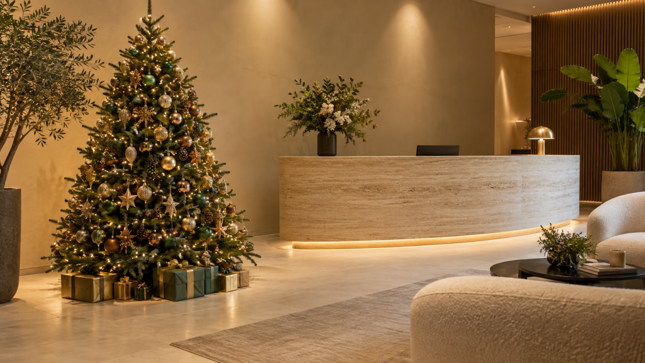 Accueil professionnel avec sapin de Noël décoré à Genève