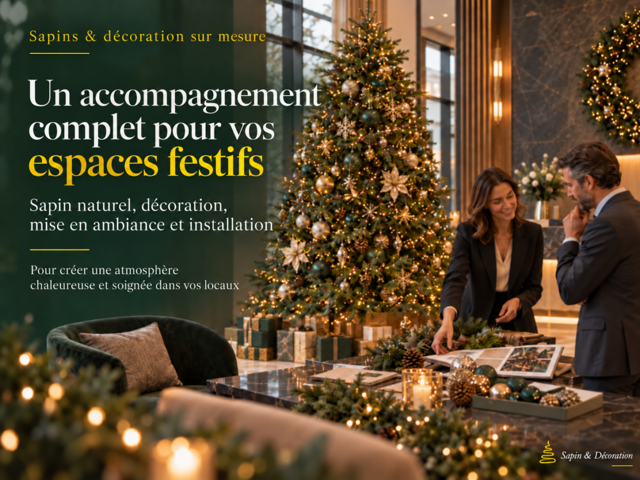 Créez une ambiance de Noël unique dans vos locaux avec Sapin&Décoration : sapin naturel, décoration, mise en ambiance et installation professionnelle à Genève.