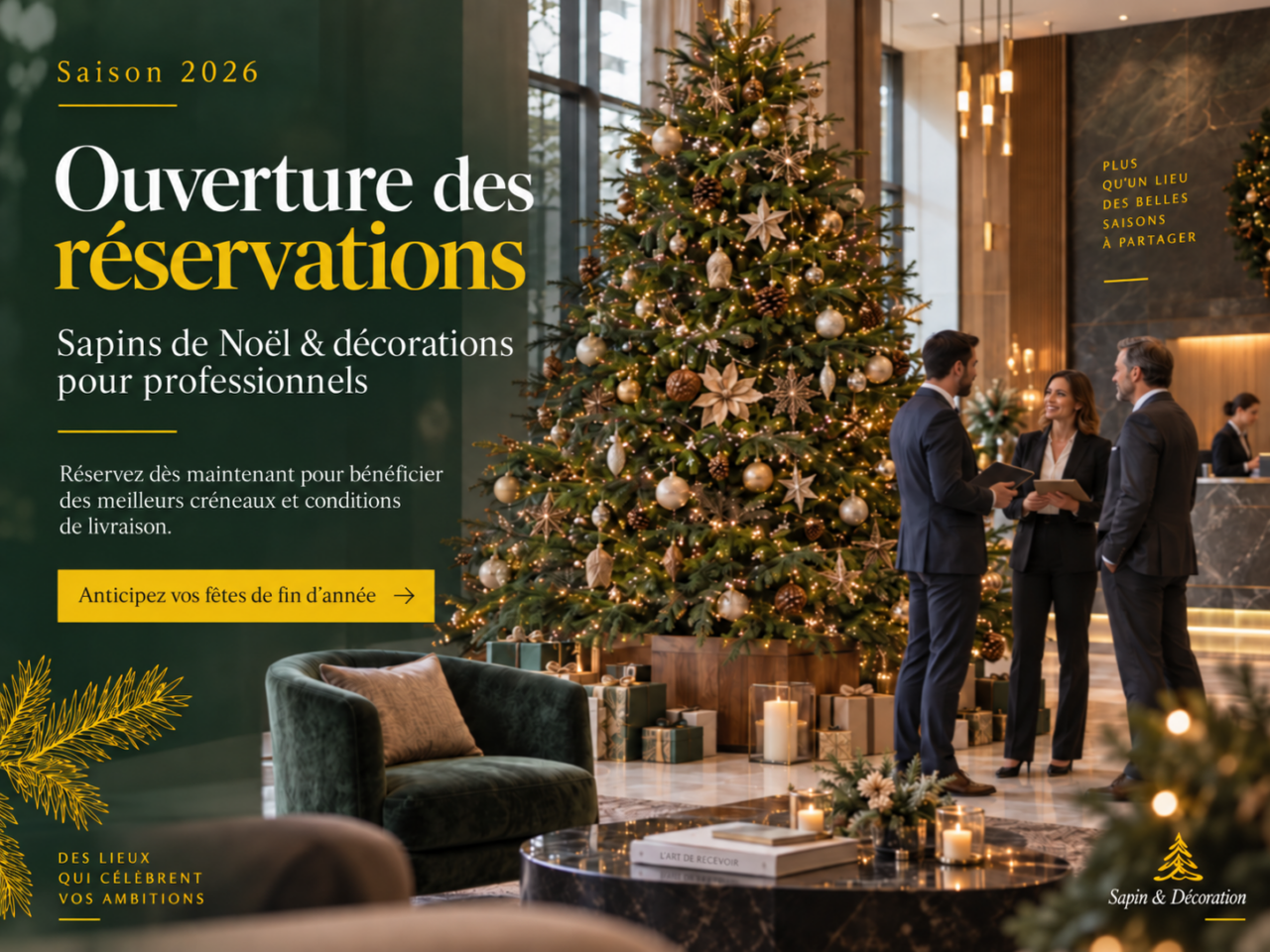 Anticipez Noël 2026 avec Sapin&Décoration : sapins de Noël, décoration professionnelle, livraison et installation pour entreprises, hôtels et commerces à Genève.