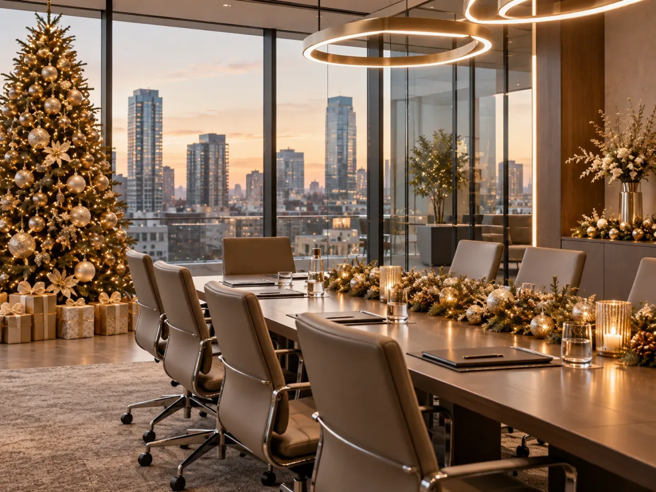 Salle de réunion contemporaine décorée pour Noël avec un sapin illuminé et des compositions dorées à Genève.