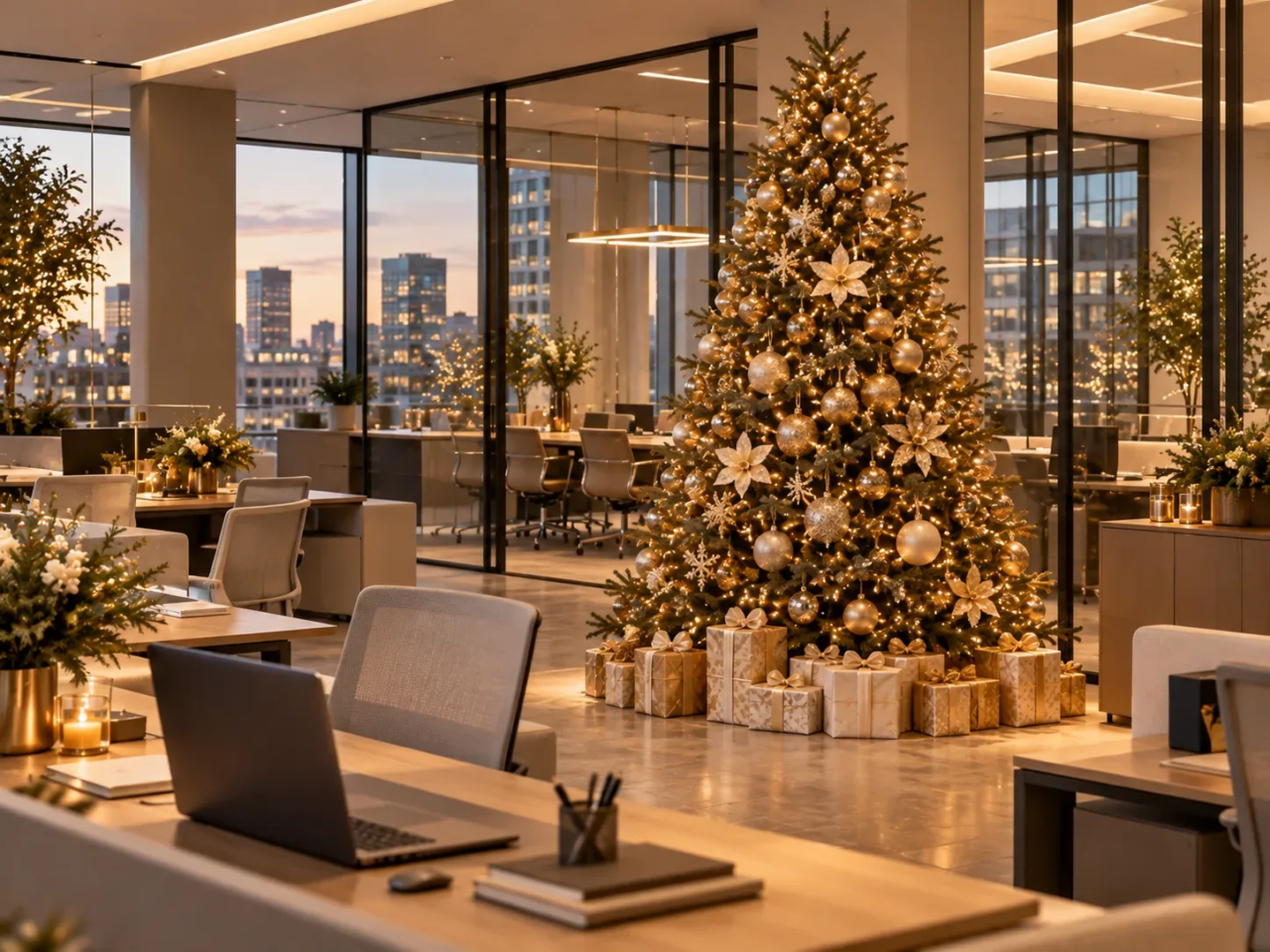 Sapin de Noël décoré et éclairé dans un open space d’entreprise moderne à Genève.