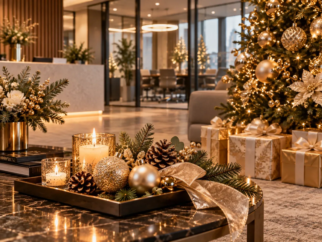 Composition de Noël dorée avec boules, branches de sapin et bougies dans un espace d’accueil d’entreprise à Genève.
