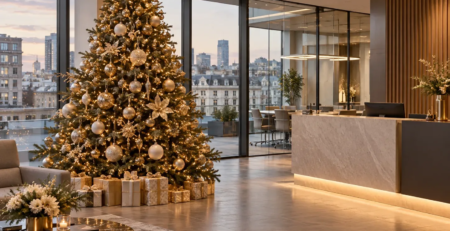 Grand sapin de Noël illuminé et décoré dans la réception moderne d’une entreprise à Genève.