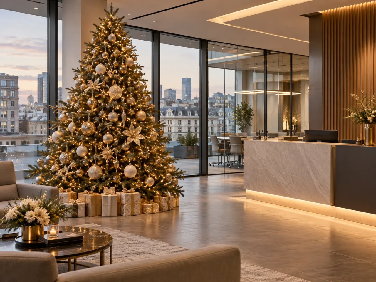 Grand sapin de Noël illuminé et décoré dans la réception moderne d’une entreprise à Genève.
